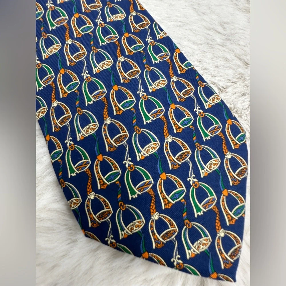 Salvatore Ferragamo Equestrian Silk Tie‎ Navy Green Orange | Made in Italy